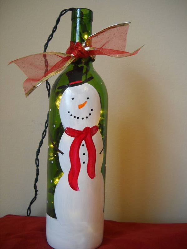 Hand-Painted Snowman Wine Bottle with Lights Easy and Affordable Christmas Decorations Ideas