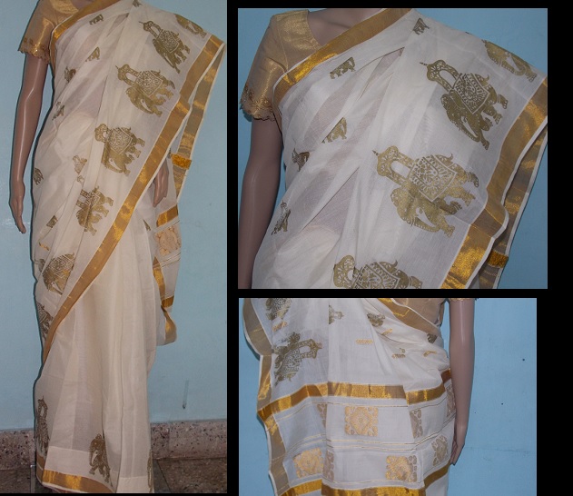Kerala Kasavu with Screen Printing Kasavu sarees of Kerala, Each Woman of Kerala have at least one