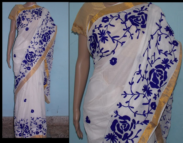 Kerala Kasavu saree with embroidery Kasavu sarees of Kerala, Each Woman of Kerala have at least one