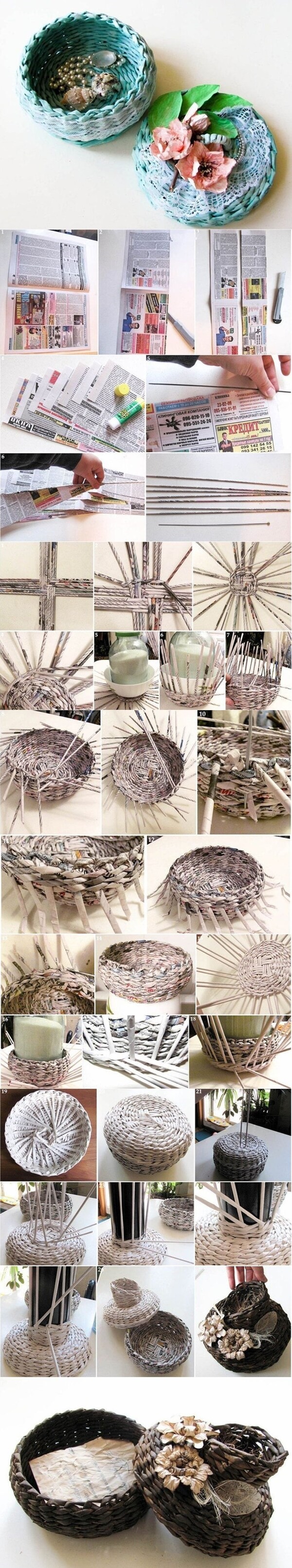 DIY Covered Woven Basket from Newspaper Craft tutorials from Old Newspapers & Magazines - Step by step