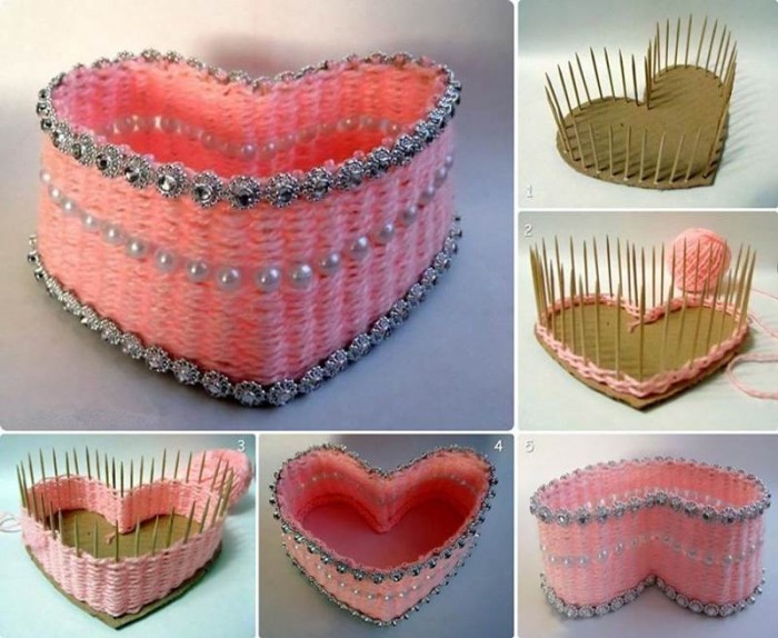 DIY-Pretty-Yarn-Woven-Heart-Shaped-Basket DIY Pearls Decorated Craft Projects – Step by step