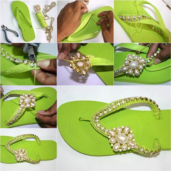 decorating-green-rubber-sandals-ideas-jewelry-pearls DIY Pearls Decorated Craft Projects – Step by step