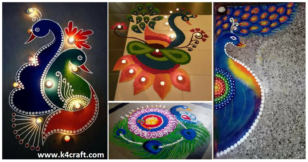 Beautiful & Simple Peacock Rangoli Designs Krishna Janmashtami Rangoli designs with colours and dots