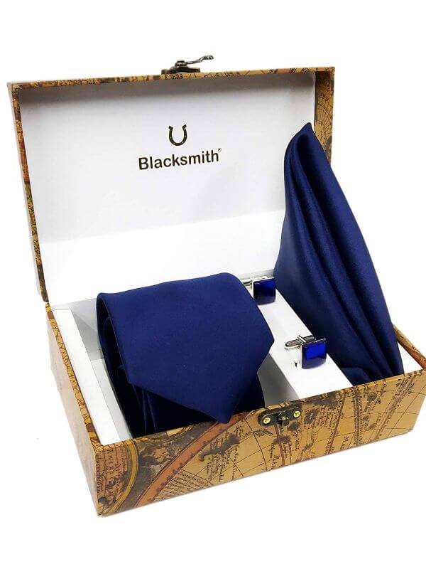 Blacksmith Men's Combo of Necktie, Pocket Square and Lapel Pin Cufflinks Raksha bandhan Rakhi Gifts for Brother
