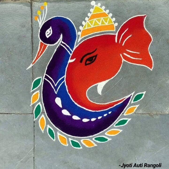Peacock and Lord Ganesha Rangoli design Lord Ganesha rangoli designs