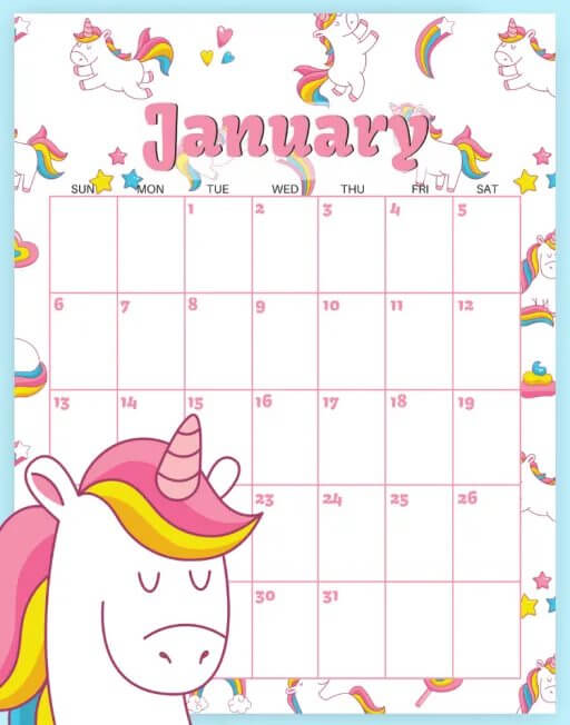 Unicorns Based Printable Calendar 2020