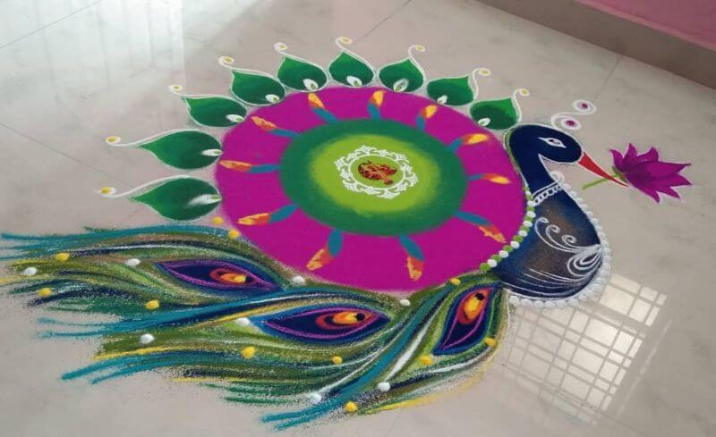Big Peacock Rangoli Design for Diwali