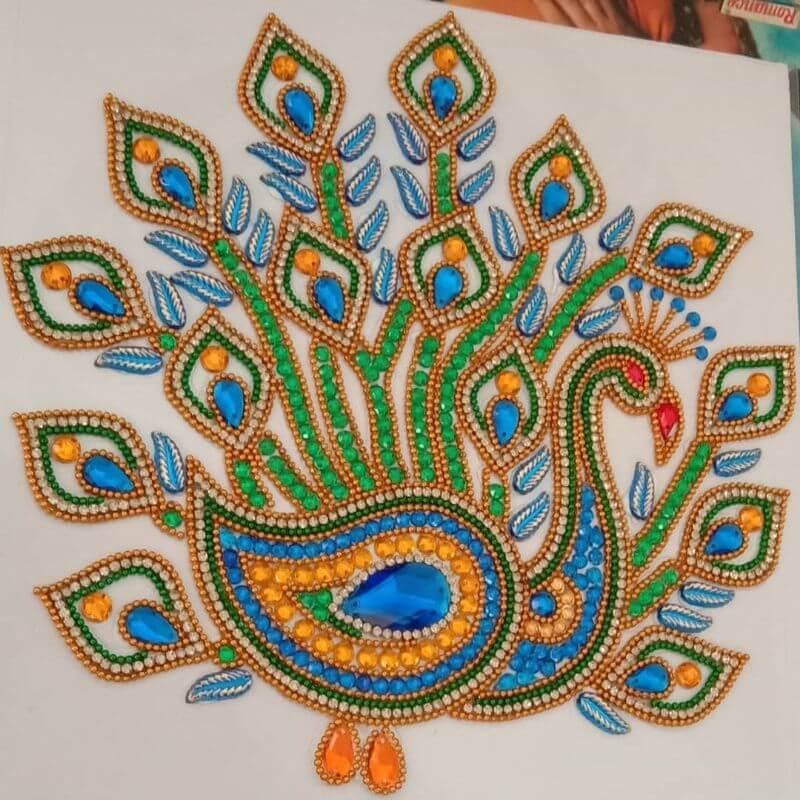 Handmade Kundan Peacock Rangoli Design Colorful Peacock Kolam Design With Dots