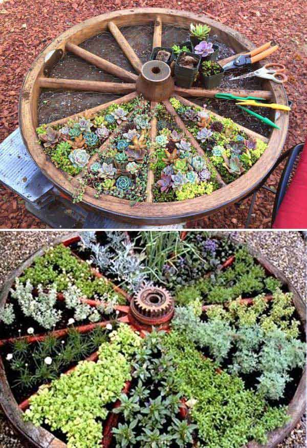 Old Wagon Wheel Repurpose Raised Herb Garden