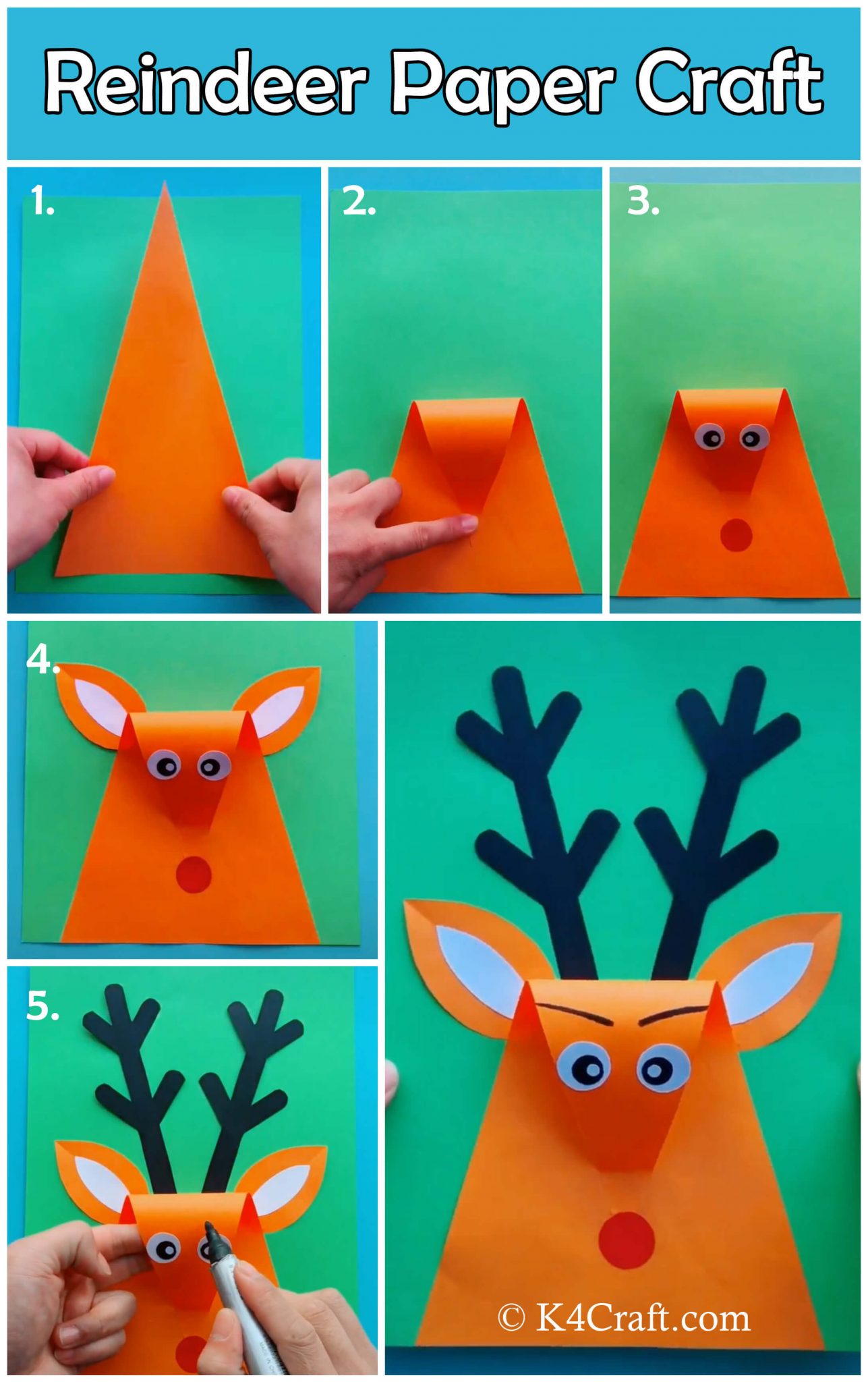 Reindeer Paper Craft for Kids Step by Step Tutorial K4 Craft