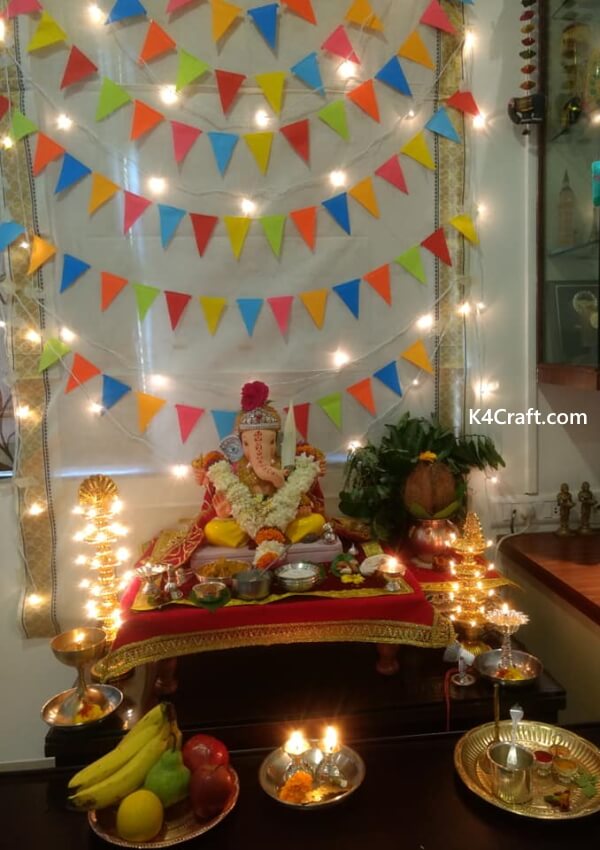 Ganesh Chaturthi Puja Decoration Ideas with Flowers, Balloons, Lotus and  Peacock